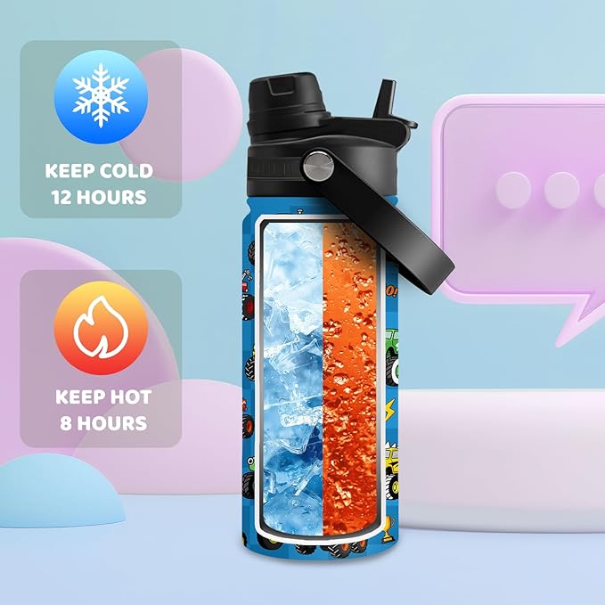 Insulated Water Bottle 18oz, Trucks Gifts Water Bottle with 2-in-1 Straw and Spout Lid, Blue Trucks Drinking Cup Leakproof, Truck Travel Mug for Truck Lover, Birthday Gift Ideal for Boys