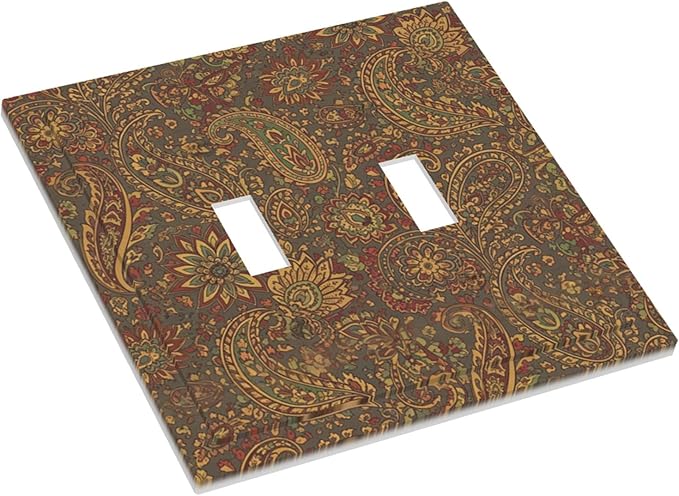 Vintage Paisley Double Toggle Switch Cover - 2-Gang Standard US Size Bohemian Boho Light Switch Covers, Autumn Tones Retro Floral for Eclectic Homes