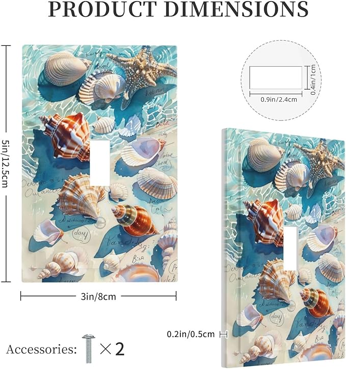 Decorative Light Switch Cover Ocean Waves Starfish Conch Scallop Shell 1 Gang Single Toggle Device Electrical Faceplate Switchplates Decorator Outlet Wall Plate For Kids Room Nursery Decor