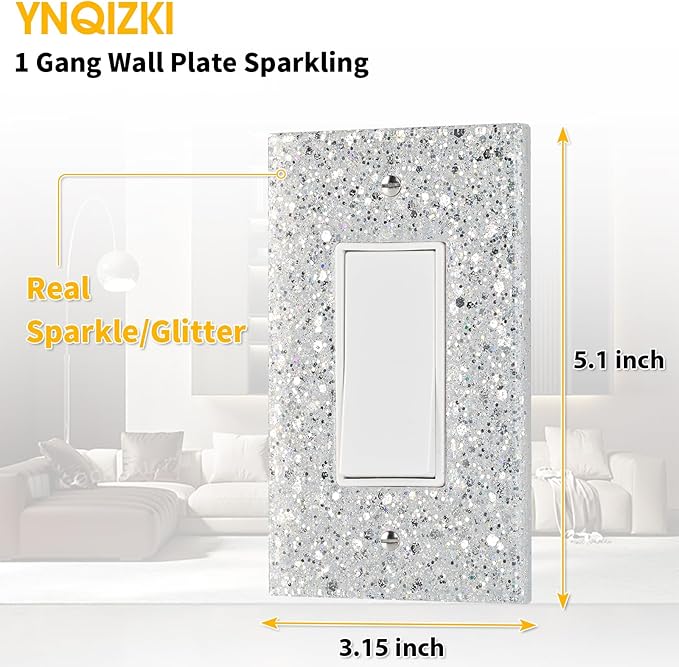 Silver Shining Light Switch or Outlet Covers - Sparkling Mirror Finish for Girls Room,Wall Decor - 1-Gang Rocker 5.10''x3.15''