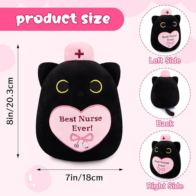 RN Black Cat Plush, 8" Cat Stuffed Animal with Pink Cap and Best Nurse Ever, Student Nursing Graduation Gifts Nurse Appreciation Gifts for Women, Appreciation Week Gift