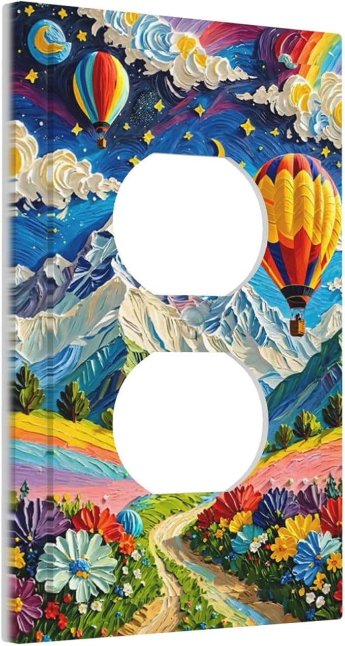 Hot Air Balloons Floral Vibrant Colors Flowers Mountains Stars Moon Outlet Covers 1 Gang Duplex Electrical Receptacle Faceplate Light Switch Cover Wall Plate Decorative Switch Plates for Bedroom