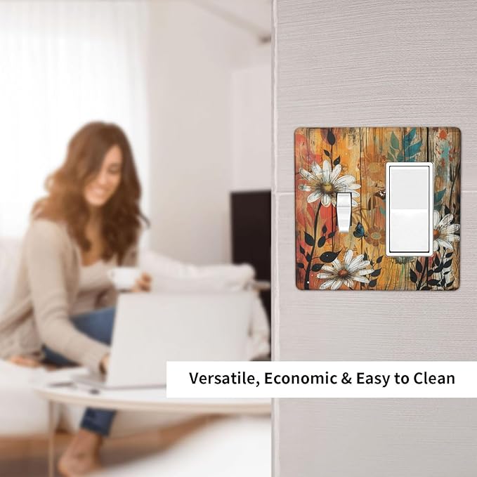 Light Switch Cover Plate Vintage Wooden Daisies Butterflies Floral 2 Gang Combo Wall Plates Toggle Rocker Decorative Switch Plates and Outlet Covers for Bathroom Farmhouse Decor