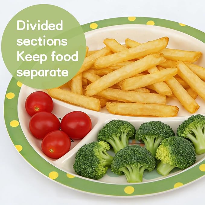Kids Dinnerware Set, 5-Piece Mealtime Tableware for Children & Toddlers – Includes Divided Plate, Bowl, Cup, Fork & Spoon – Natural Bamboo Fiber, BPA-Free, Dishwasher Safe (Chicken Family)