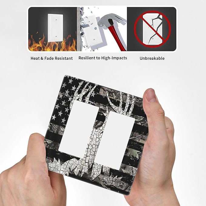 Rustic Hunting Forest Camo American Flag Deer Elk Moose Antlers Wildlife 2 Gang Electrical Decora/GFCI Device Wallplate Double Decorator Rocker Outlet Light Switch Cover Electrical Faceplate Dimmer