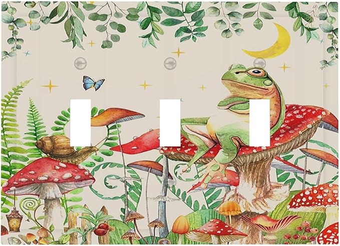 Decorative Switch Plates Boho Mushrooms Frogs Butterflies Flowers Moon Stars 3 Gang Wall Plate Faceplate Triple Toggle Light Switch Cover Electrical Wall Panels for Kids room Bedroom Decor
