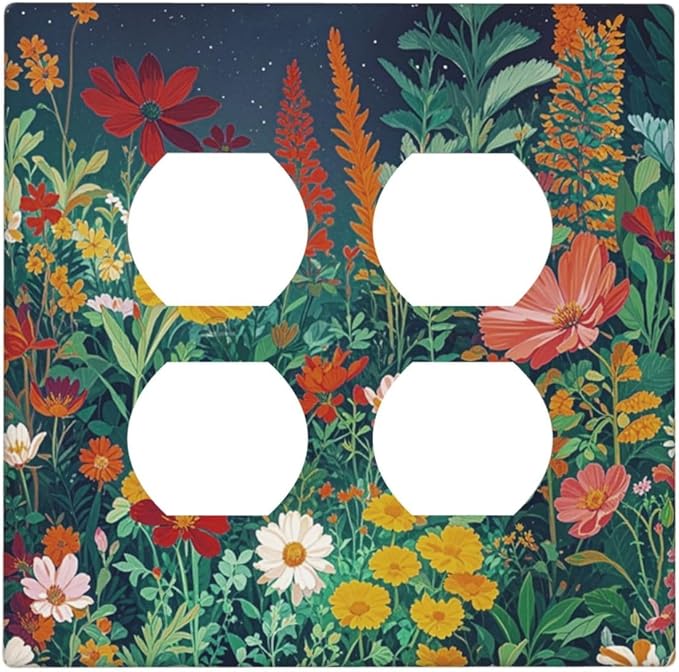 Decorative Outlet Covers with Wildflowers & Stars Botanical Floral Art Design 2 Gang Wall Plate Double Duplex Receptacle Light Switch Cover Switch Plate Cover for Garden Theme Wall Decor
