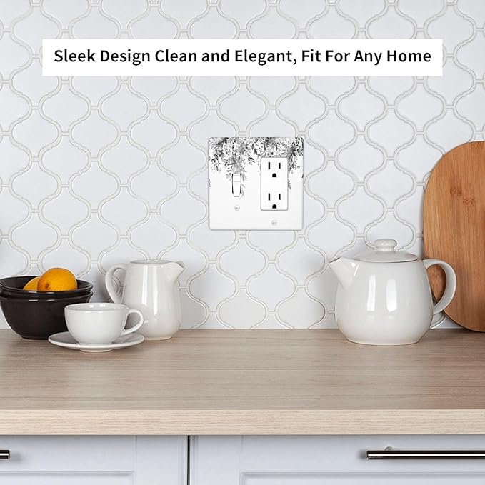 Outlet Covers Grey Floral Plant Eucalyptus Leaf Flower 1 Toggle 1 Rocker Combination Decorative Wall Plate Electrical Switch Plates Light Switch Cover Plate For Bed Room Living Room Decor