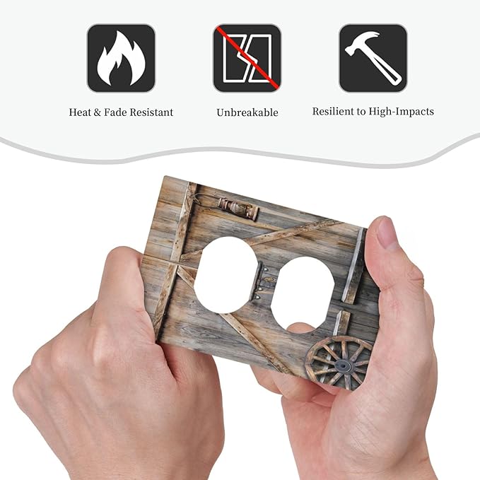 Western Rustic Barn Door Farmhouse Wood Country Garage Cabin Plank 1 Gang Electrical Device Duplex Receptacle Light Switch Outlet Cover Wall Plate Electric Plug Socket Cover Decorative Switchplate