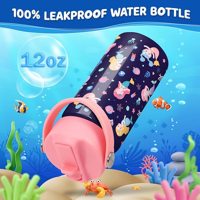 Mermaid Water Bottle for Girls - Kids Water Bottle with Straw Lid - 12 Oz Insulated Stainless Steel Water Bottles for Kid Girl- Travel Cup for School Sports