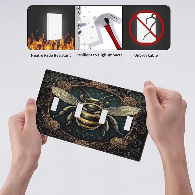 Light Switch Covers Mid Century Bee Dark Floral Quad Toggle Electrical Faceplate 4 Gang Wall Plate Decorative Switch Plates For Home Office Decor