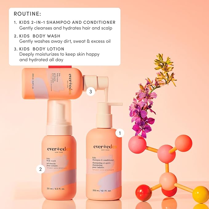 Evereden Kids Travel Essentials Set: Clean & Vegan 5-Piece Skin Care Travel Set for Kids | Body Wash, Lotion, Face Wash, Cream, 2-in-1 Shampoo & Conditioner | TSA-approved | Travel Size Toiletries