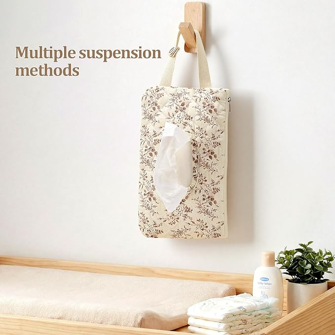 Quilted Baby Diaper and Wipes Pouch Portable Mommy Bag for Stroller Reusable Wipes Pouch with Lanyard for Casual Travel (Beige)