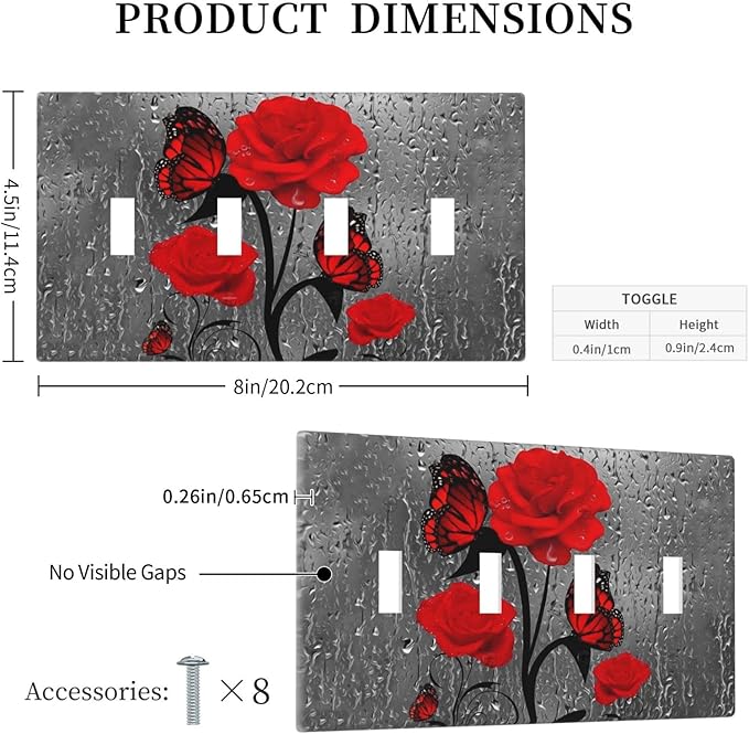 Butterfly Red Rose Flower 4 Gang Light Switch Cover Decorative Quad Toggle Wall Plate Electrical Faceplate For Girls Bathroom Bedroom Home Decorative 8" x 4.5