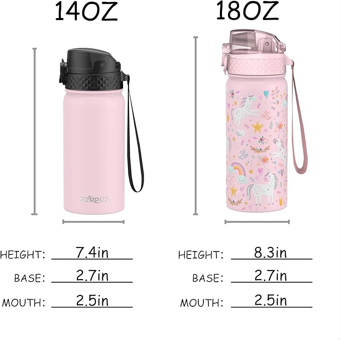 Kids Water Bottle, GOPPUS 18 oz Insulated Water Bottle with Straw, Double Vacuum Leakproof, BPA Free, for Boys and Girls,Pink Unicorn