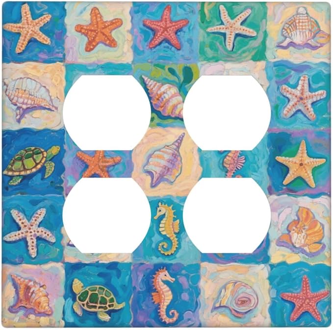 Sea Turtle Starfish Ocean Double Duplex Receptacle Outlet Cover Wall Plate Decorative 2 Gang Light Switch Covers Electrical Switchplate Home Decorate Faceplat for Bathroom Bedroom Kitchen Room
