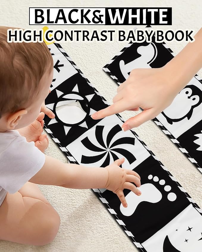 Baobrava High Contrast Baby Toys, Black and White Newborn Toys for Brain Development, Soft Baby Books, Infant Sensory 0-6-12 Months, Tummy Time Toy, Visual Stimulation Montessori Gift