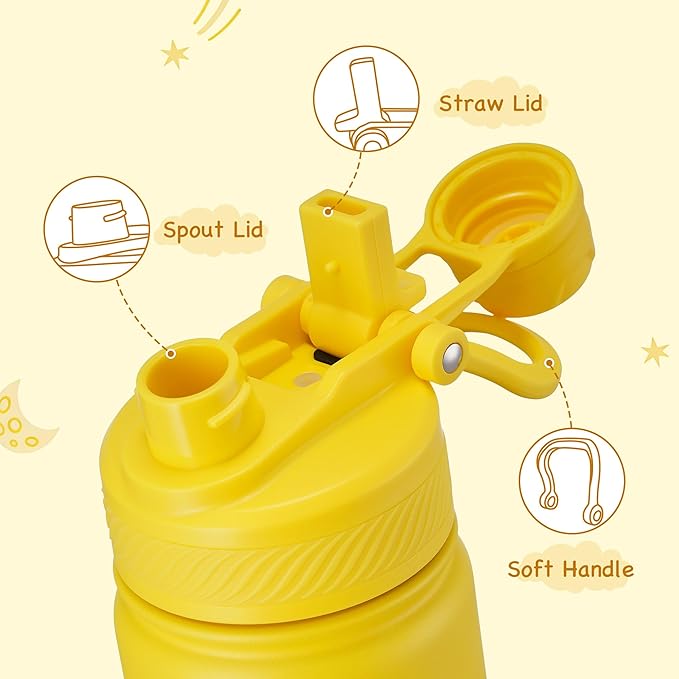 Fijinhom 12 oz Kids Water Bottle, 2-in-1 Stainless Steel Vacuum Insulated Water Bottle for Toddler, Leak Proof Spout & Straw, Double Wall Thermal Flask for Boys&Girls, School, Outdoor, Travel (Yellow)