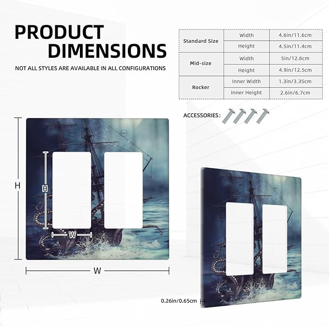 Octopus Ocean Kraken Nautical Pirate Ship 2 Gang Rocker Decora Light Switch Covers Decorative Unique Dual Outlet Covers Wall Plate Electrical Faceplate Switchplate GFCI for Bedroom Bathroom Decor