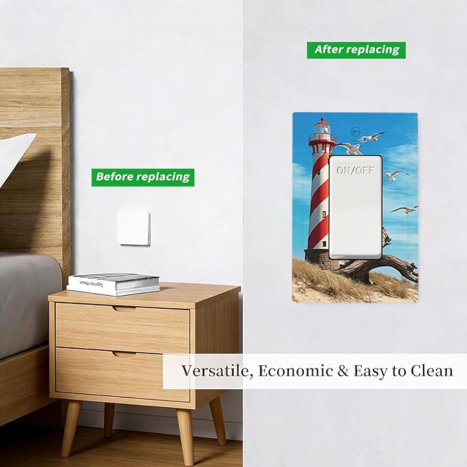 Lighthouse Coastal Scene Single Rocker Switch Cover - 1-Gang Standard US Size Nautical Coastal Beacon Light Switch Covers for Living Room Bathroom Decor