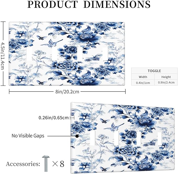 Blue Flower White Floral Plant Bird Butterfly Light Switch Covers Quad Toggle Electrical Faceplate 4 Gang Wall Plate Decorative Switch Plates Cover for Bedroom Living Room Decor
