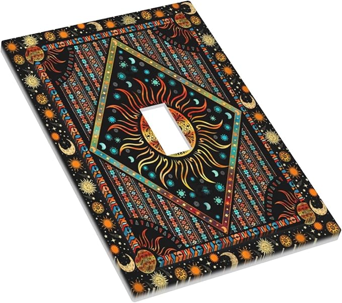Light Switch Cover Boho Burning Sun Hippie Retro Bohemian Gypsy 1 Gang Wall Plate Cover Single Toggle Outlet Covers Decorative Switchplate Electrical Faceplate for Bathroom Home Decor