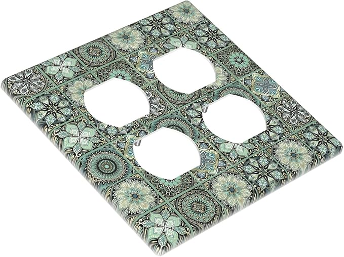 Moroccan Mandala Tile Floral Talavera Tiles Outlet Covers 2 Gang Double Duplex Decorative Light Switch Covers Electrical Wallplates Socket Faceplate for Bathroom Kitchen Decor
