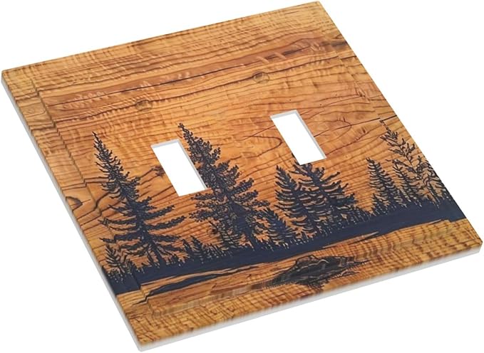 Forest Pine Tree Woodland Woods Grain Decorative 2 Gang Outlet Light Switch Cover Double Toggle Switch Wall Plate, Unbreakable Polycarbonate Thermoplastic Face Plate(Not Wood)