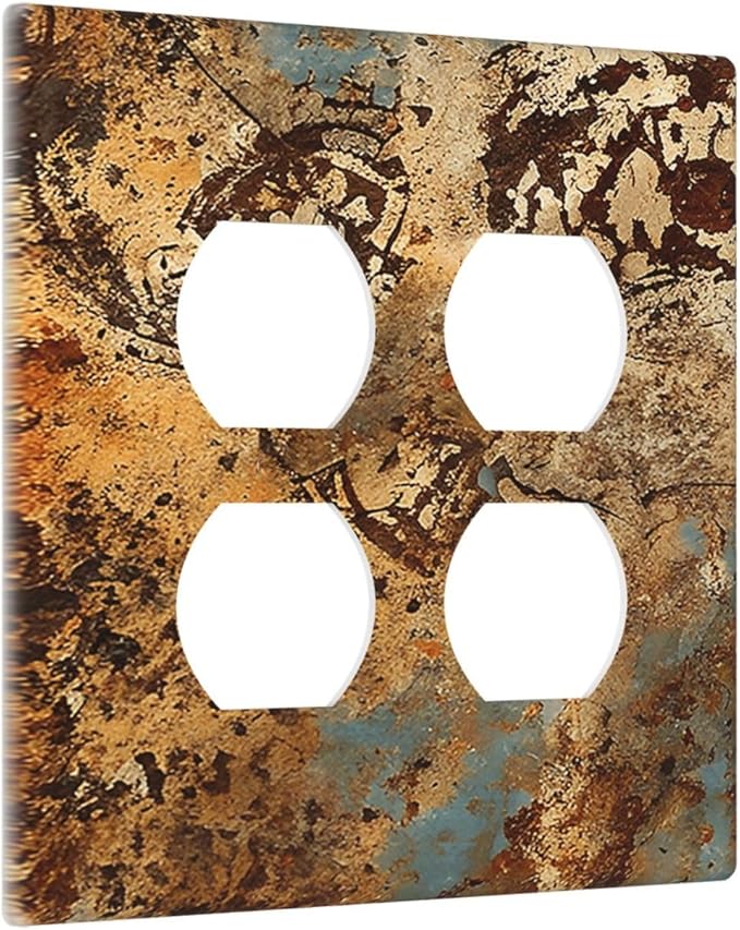 Light Switch Cover Plate Shabby Old Rusty Antique Brass Copper Print 2 Gang Socket Covers Double Duplex Wallplates Switch Plates and Outlet Covers for Kitchen Home Decor