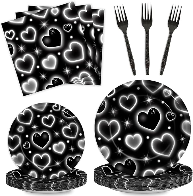 Qyeahkj 100 Pcs 2000s Party Plates Napkins Forks Set Black Heart Tableware Supplies Y2k Theme Birthday Party Decoration Early 2000s Dinnerware Decorations Favors for Birthday Party Serve 25