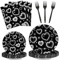 Qyeahkj 100 Pcs 2000s Party Plates Napkins Forks Set Black Heart Tableware Supplies Y2k Theme Birthday Party Decoration Early 2000s Dinnerware Decorations Favors for Birthday Party Serve 25