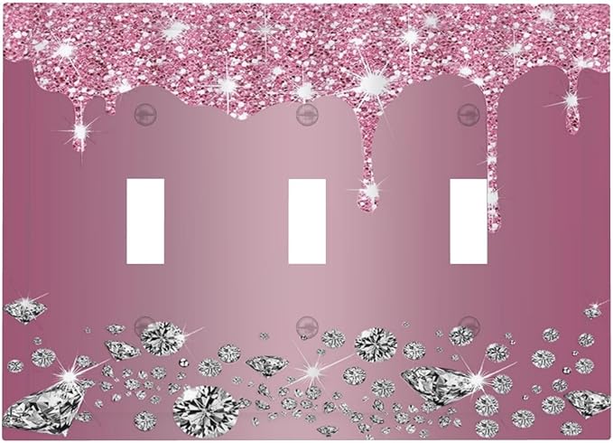 Sparkling Diamonds Pink Silver Glitter Drops Print 3 Gang Light Switch Covers Decorative Unique Triple Toggle Wall Plate Electrical Faceplate Switchplate for Bathroom Bedroom Home Decor
