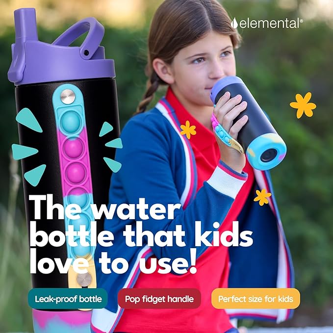 Elemental Iconic Kids Water Bottle for School - 100% Leak-Proof Insulated Water Bottles with Straw Lid & Pop-It Handle for Boys & Girls - Triple-Wall Insulated & BPA-Free, 14oz – Black Tie Dye