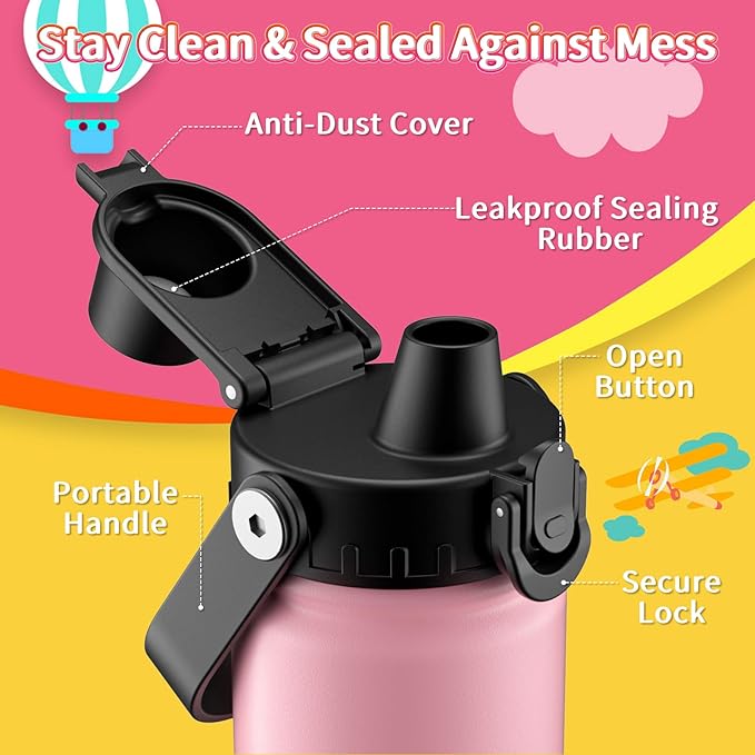 baab 18oz Kids Water Bottle, Insulated Kids Water Bottle with Lockable Spout Lid & Stickers, 18/8 Stainless Steel Vacuum Leakproof Kid Water Cup with Handle for Sports Boy Girl & School (Pink, 1 Pack)