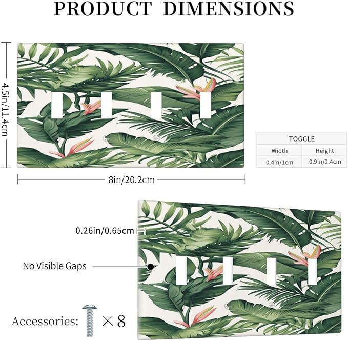 Tropical Leaf Jungle Botanical Palm Tree Greenery Floral Light Switch Covers Quad Toggle Electrical Faceplate 4 Gang Wall Plate Decorative Switch Plates for Bedroom Living Room Decor