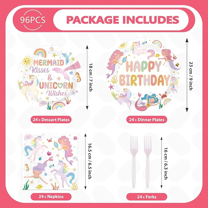 96 Pcs Mermaid Unicorn Birthday Party Decorations Cartoon Mermaid Paper Plates and Napkins Magical Pastel Rainbow Unicorn Tableware Sets for Girls Happy Birthday Baby Shower Party Supplies Serves 24