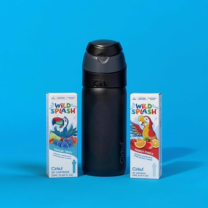Cirkul 16oz Onyx StrawSip Flip Stainless Steel Water Bottle - Double Walled Vacuum Insulated Bottle For Kids and Teens with Flavor Cartridge Included, No Sugar, Zero Calories (Caffeine Free)