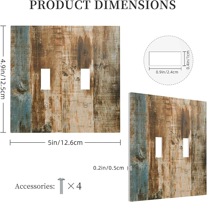 Vintage Brown Wood 2 Gang LightSwitch Plate Cover Double Toggle Wall Plate Decorative Faceplate Electrical Wallplate Farmhouse Blue Grey Wood Barn Door Kitchen Bathroom Bedroom Home Decor 5" x 4.9
