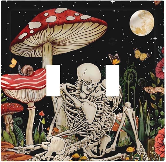 Mushroom Skull Skeleton Moon 2 Gang Double Toggle faceplate Decorative Light Switch Cover Star Plants Flora Electrical Switchplate Faceplate for Kitchen Bedroom Bathroom Standard Size