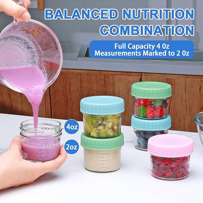 6 Pack Glass Baby Food Storage Containers, 4 oz Baby Food Jars with Lids, Baby Food Maker for Microwave & Dishwasher Freezer Safe,BPA Free
