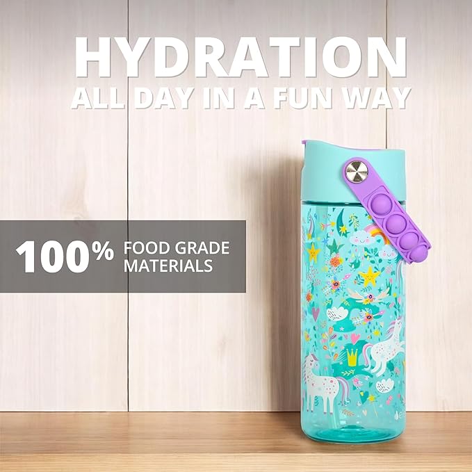 Elemental Water Bottles for Kids - Splash Kids Water Bottle for School with Pop-it Handle - BPA Free Tritan Plastic Water Bottle with Straw Leak Proof when Spout is Closed - Unicorn Robin's Egg - 18oz