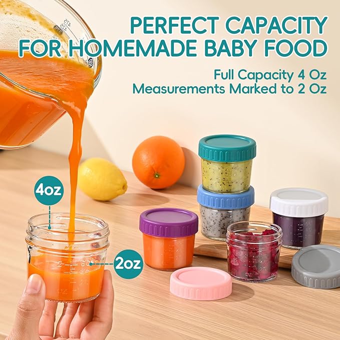 DEHOV 6-Piece Glass Baby Food Containers with Lids,4 OZ Small Glass Freezer Safe Baby Food Storage Jars,Leak Proof Baby Food Grade Puree Containers
