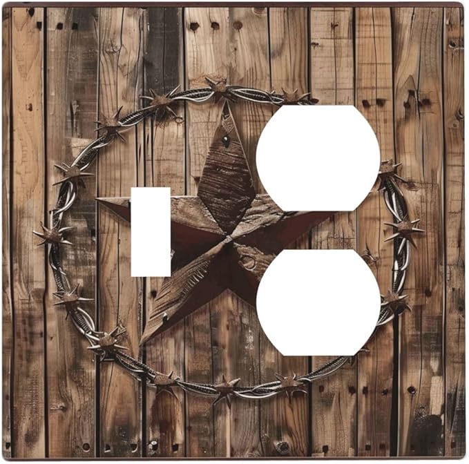 Outlet Covers Rustic Star Western Cowboy Wood 2 Gang Decorative Switch Plates 1 Toggle Duplex Combo Light Switch Cover GFCI Electrical Wall Plates for Farmhouse Home Decor