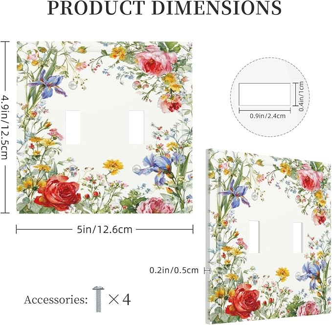 Decorative Light Switch Cover Plate Rustic Red Flower Garden Floral 2 Gang Outlet Covers Double Toggle Wall Plates for Electrical Switch Plate Covers Faceplate for Country Home Decor