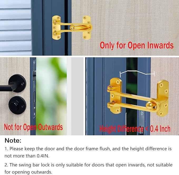 Topbuti Home Security Door Lock, 2 Pack Latch Guard Clasp Front Door Locks for Kids, Home Reinforcement Lock for Swing-in Doors, Hotel Door Latches, Thicken Solid Aluminium Alloy (Brass)