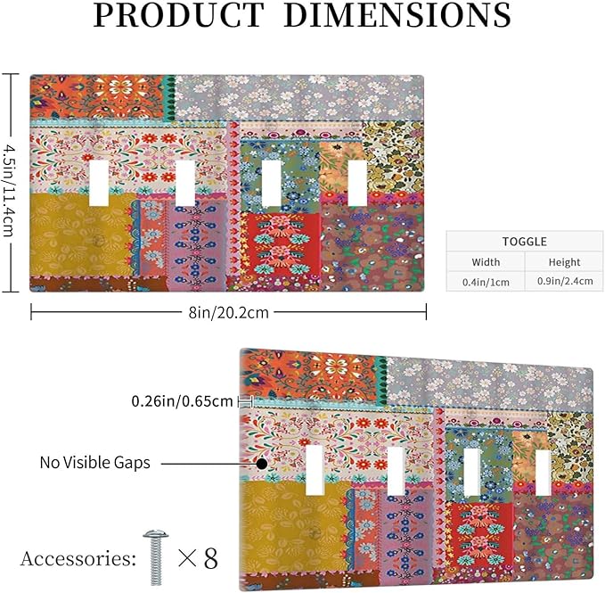 Light Switch Cover Boho Patchwork Bohemian Stitching Colorful Floral 4 Gang Switch Plate Quad Toggle Wall Plates Decorative Switchplate Electrical Outlet Cover Plates for Bathroom Home Decor
