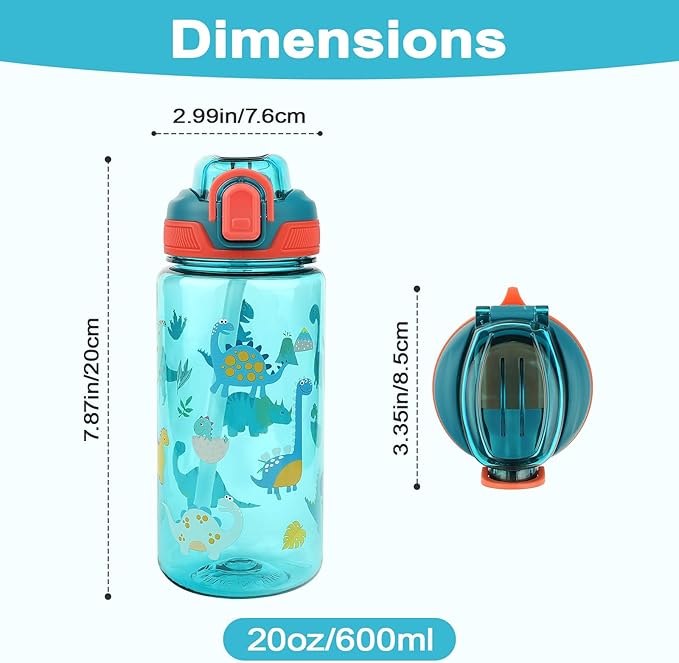 Kids Water Bottle for School or Travel, 20 Oz Durable Plastic Water Bottle with Silicone Straw and Pop-Up Spout Cover, BPA Free & Dishwasher Safe(Dinosaur)