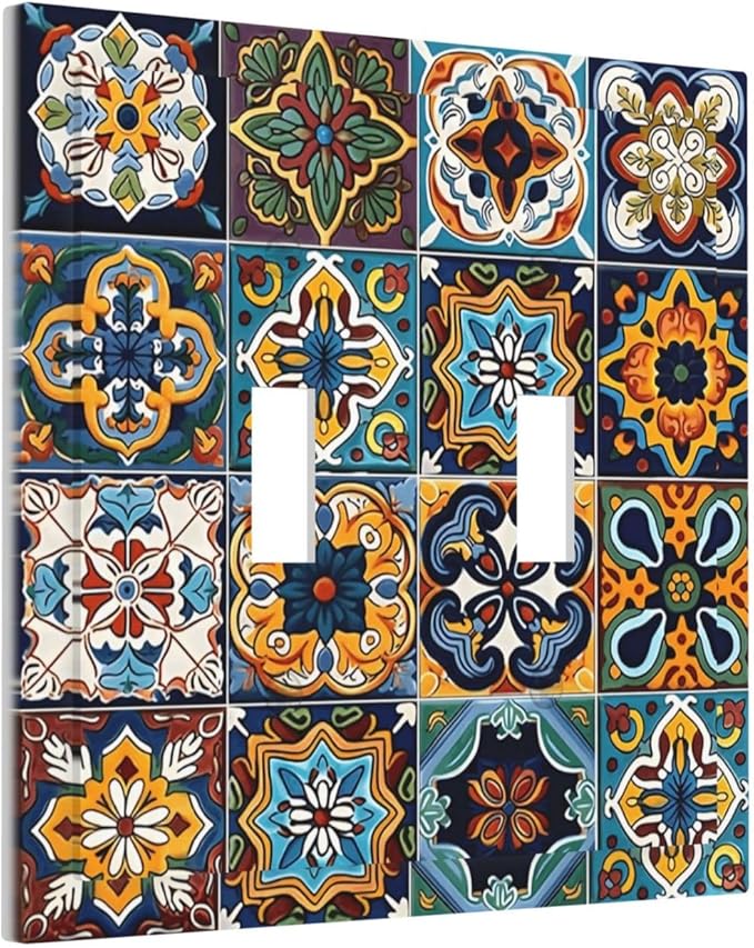 Mexican Talavera Tiles Floral Decorative Switch Plates 2 Gang Double Toggle Outlet Light Switch Cover Wall Plate Electrical Faceplate for Bathroom Kitchen Decor