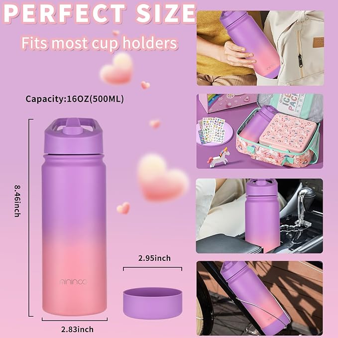 Mininoo Kids Water Bottle for School, 16oz Stainless Steel Insulated Water Bottle Kids with Straw Lid for Girls, Boys (2 Pack)