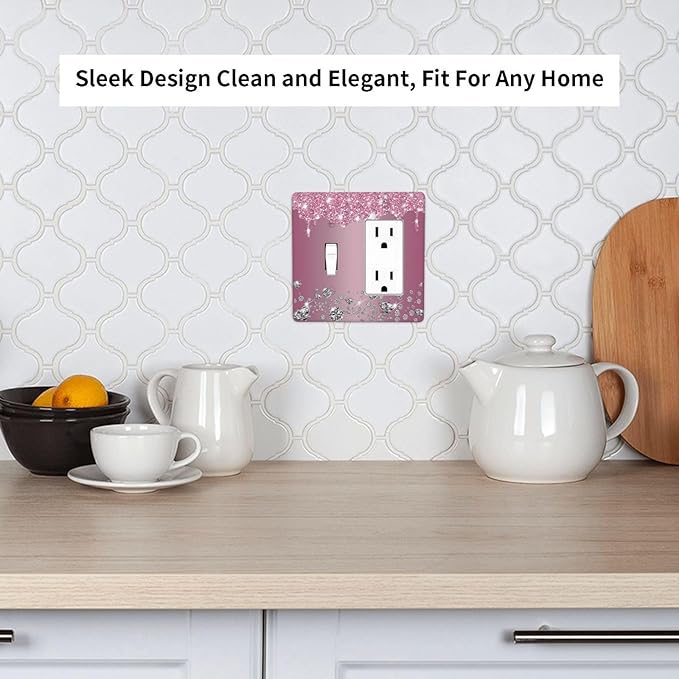 Sparkling Diamonds Pink Silver Glitter Drops Print 2 Gang Single Toggle Rocker Combination Light Switch Cover Unique Decorative Wall Plate Cover Electrical Faceplate Switchplate for Bathroom Decor